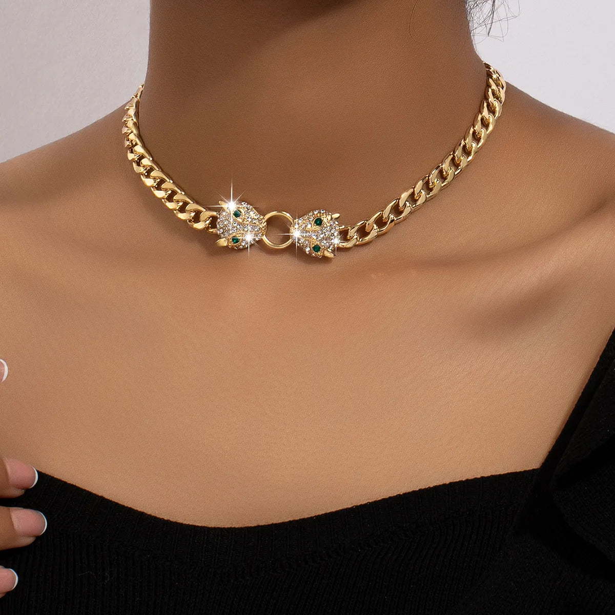 Hip-hop Gold Plated Rhinestone Leoprad Head Necklace Jewelry Set for Women Fashion Animal Pendant Metal Chain Men's Bracelet-Dollar Bargains Online Shopping Australia