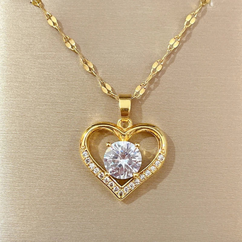 Gems Heart Pendant Necklace Golden Stainless Steel Lips Neck Chain Female Necklaces Jewelry for Girl-Dollar Bargains Online Shopping Australia