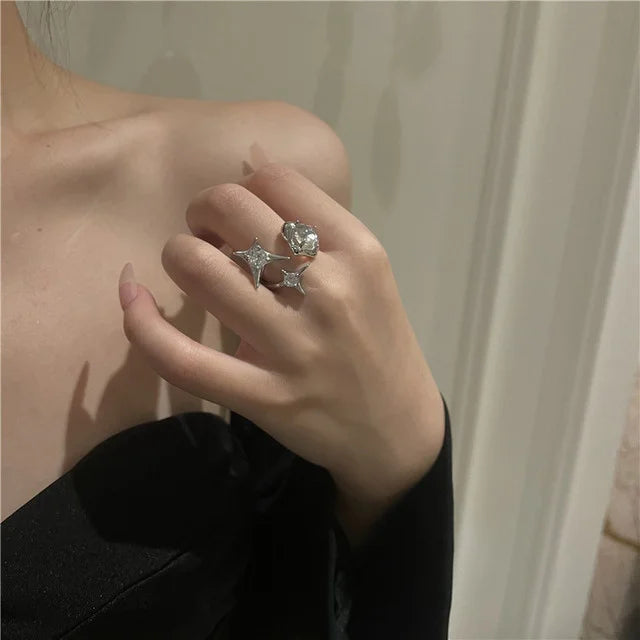 Y2K Crystal Rings Kpop Heart Adjustable Ring Irregular Geometry Punk Vintage Rings Set for Women Girls-Dollar Bargains Online Shopping Australia