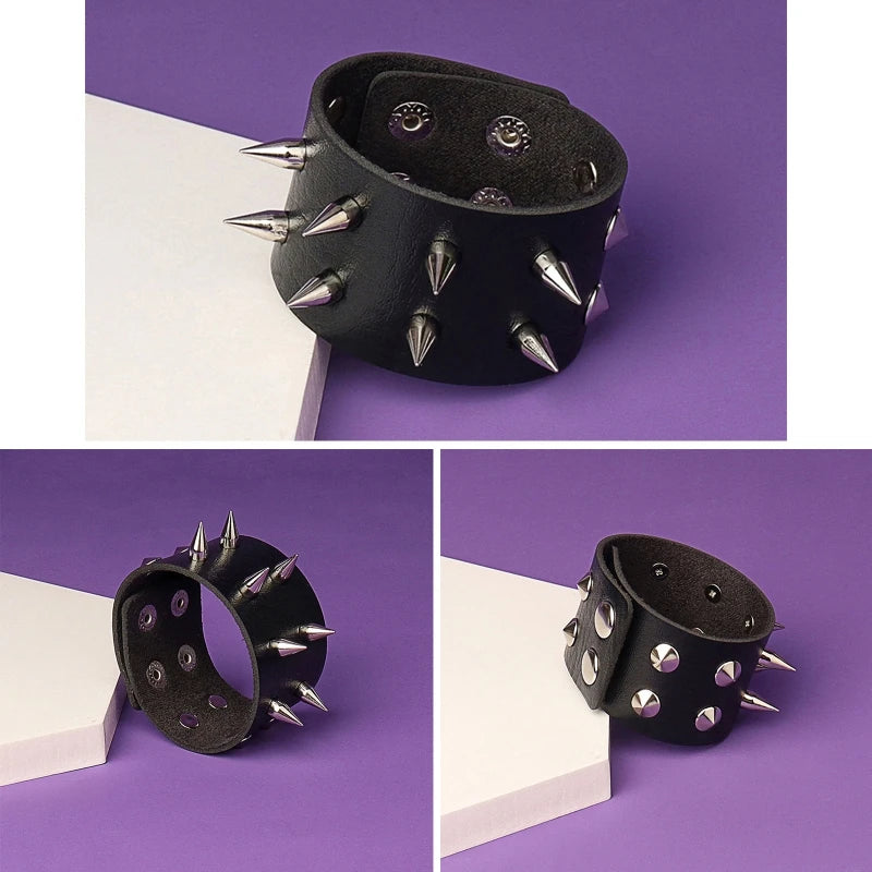 Punk Bracelet for Men Women - Goth Black Leather Wristband with Metal Spike Studded- Spike Rivets Cuff Bangle Adjustable-Dollar Bargains Online Shopping Australia