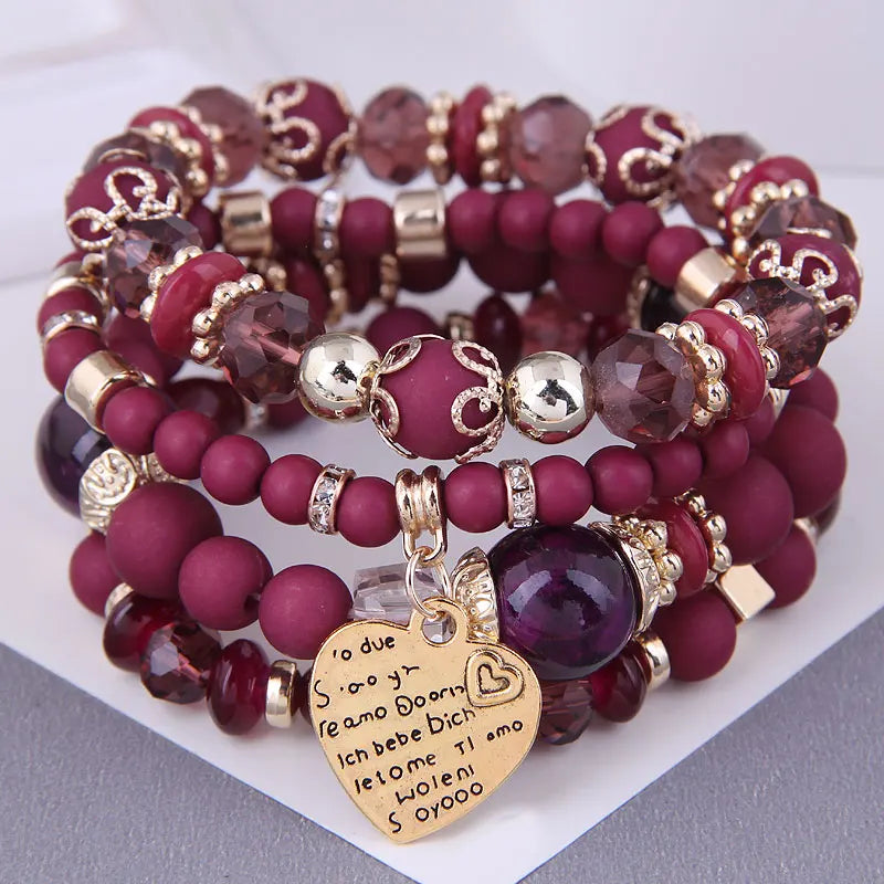 Bohemian Pink Crystal Beads Heart Charm Bracelets Women Girls Ethnic Tree Of Life Charm Wrap Bracelet-Dollar Bargains Online Shopping Australia