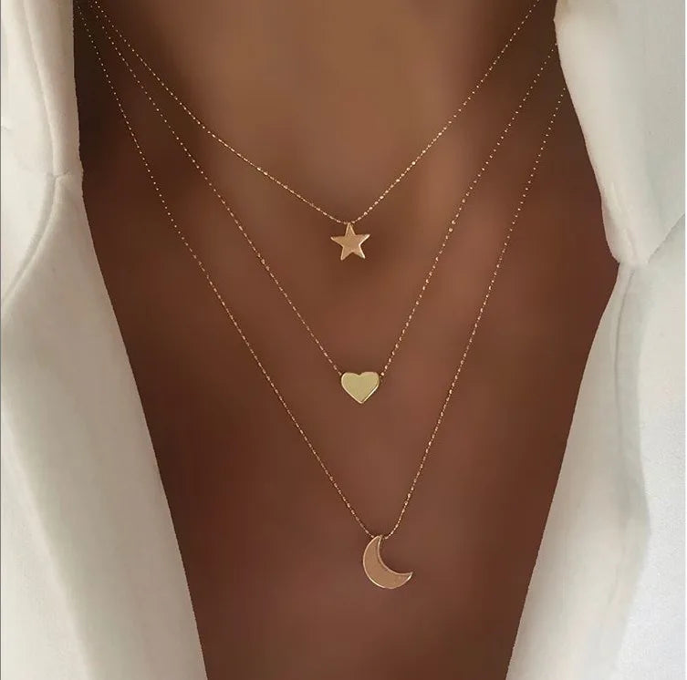 Crystal Zircon Heart Star Charm Layered Pendant Necklace Set for Women Charms Fashion Square Rhinestone Female Vintage Jewelry-Dollar Bargains Online Shopping Australia