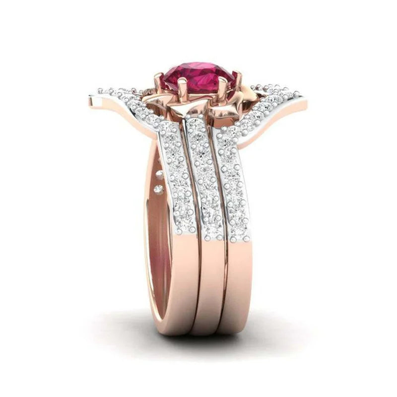 Dazzling Rose Gold Color Flower Ring for Women Delicate Metal Inlaid Red Zircon Stones Wedding Rings Set Engagement Jewelry-Dollar Bargains Online Shopping Australia