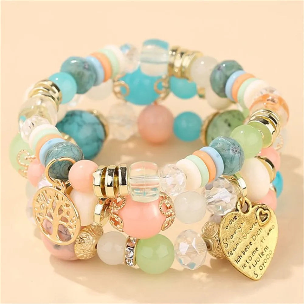 Bohemian Pink Crystal Beads Heart Charm Bracelets Women Girls Ethnic Tree Of Life Charm Wrap Bracelet-Dollar Bargains Online Shopping Australia