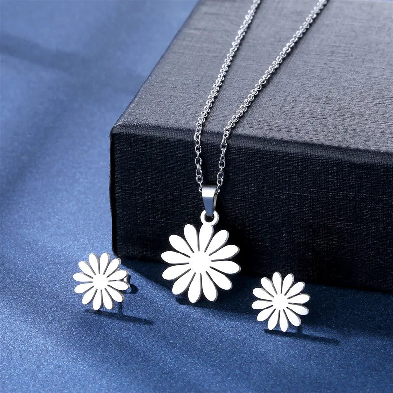 Jewelry Elegant Daisy Flowers Charm Chain Choker Necklaces Earrings Set Pendants For Women-Dollar Bargains Online Shopping Australia