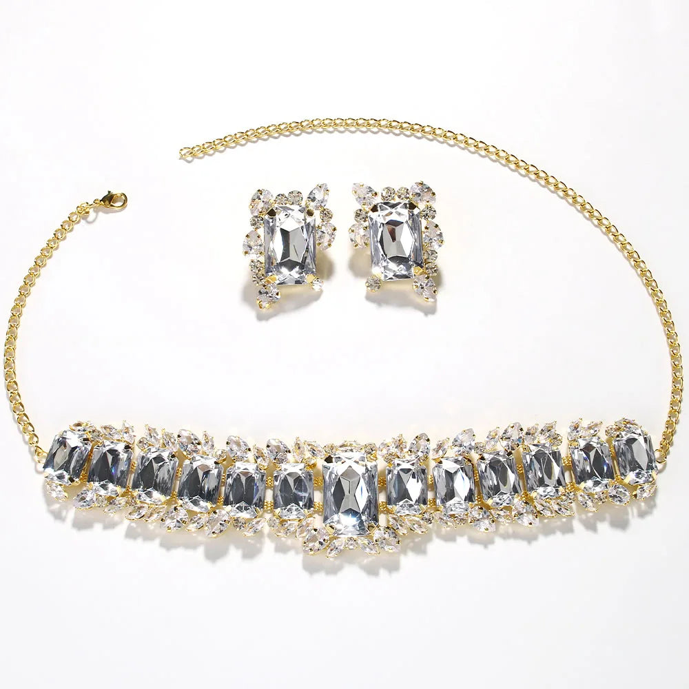 Bride Crystal Necklace Earrings Set Bridesmaid Wedding Jewellry Two Pieces Choker Necklace Prom Costume Jewelry Sets-Dollar Bargains Online Shopping Australia