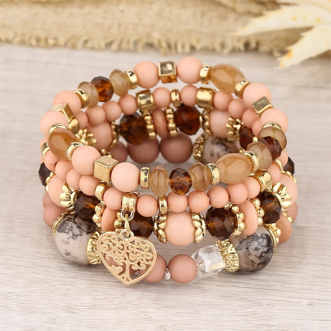 Bohemian Pink Crystal Beads Heart Charm Bracelets Women Girls Ethnic Tree Of Life Charm Wrap Bracelet-Dollar Bargains Online Shopping Australia