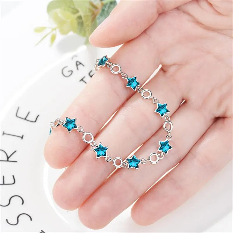 Sterling Silver Rhinestone Stars Charm Bracelets Bangle For Women Girl Fine Jewelry Student Present-Dollar Bargains Online Shopping Australia