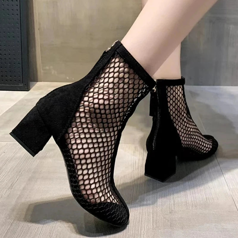 Fashionable Sports Sexy Mesh Hollow Boots Solid Color Square Thick Heel Summer Casual Sandals-Dollar Bargains Online Shopping Australia