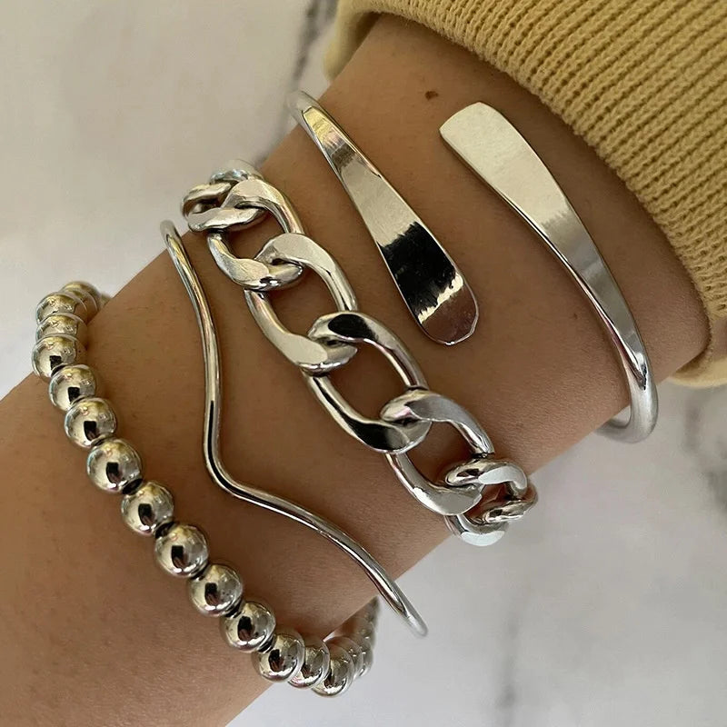 4pcs Punk Curb Cuban Chain Bracelets Set for Women Simple Thick Gold Color Charm Bracelets Fashion Jewelry Accessories New-Dollar Bargains Online Shopping Australia