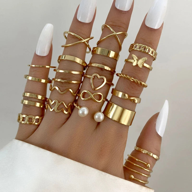 Bohemian Vintage Irregularly Ring Set for Women Gold Color Boho Butterfly Snake Heart Geometric Rings Retro Fashion Jewelry Gift-Dollar Bargains Online Shopping Australia