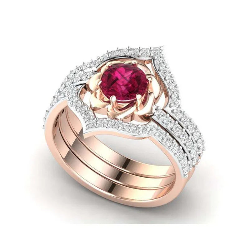 Dazzling Rose Gold Color Flower Ring for Women Delicate Metal Inlaid Red Zircon Stones Wedding Rings Set Engagement Jewelry-Dollar Bargains Online Shopping Australia