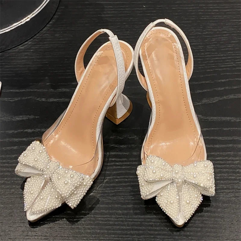 Butterfly-knot PVC Transparent String Bead Women Pumps Sandals Fashion Pointed Toe Party High Heels Mule Shoes-Dollar Bargains Online Shopping Australia