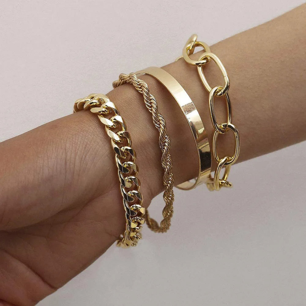 4pcs Punk Curb Cuban Chain Bracelets Set for Women Simple Thick Gold Color Charm Bracelets Fashion Jewelry Accessories New-Dollar Bargains Online Shopping Australia