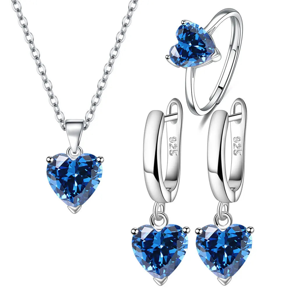 Silver Jewelry Sets For Women Heart Zircon Ring Earrings Necklace Wedding Bridal Elegant Christmas-Dollar Bargains Online Shopping Australia