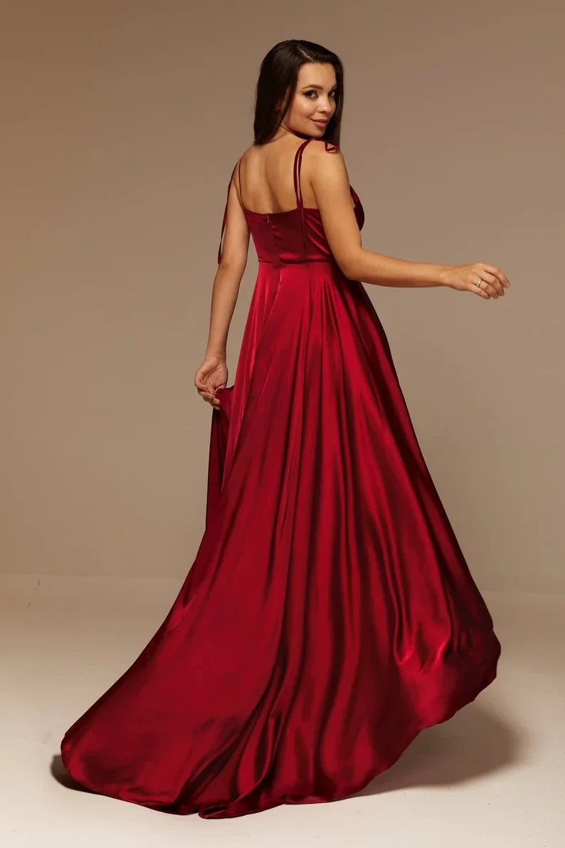 Satin Maxi Flared Dress Sexy Bridesmaid Dress Open Back A Line Wedding Evening Gown with Train-Dollar Bargains Online Shopping Australia