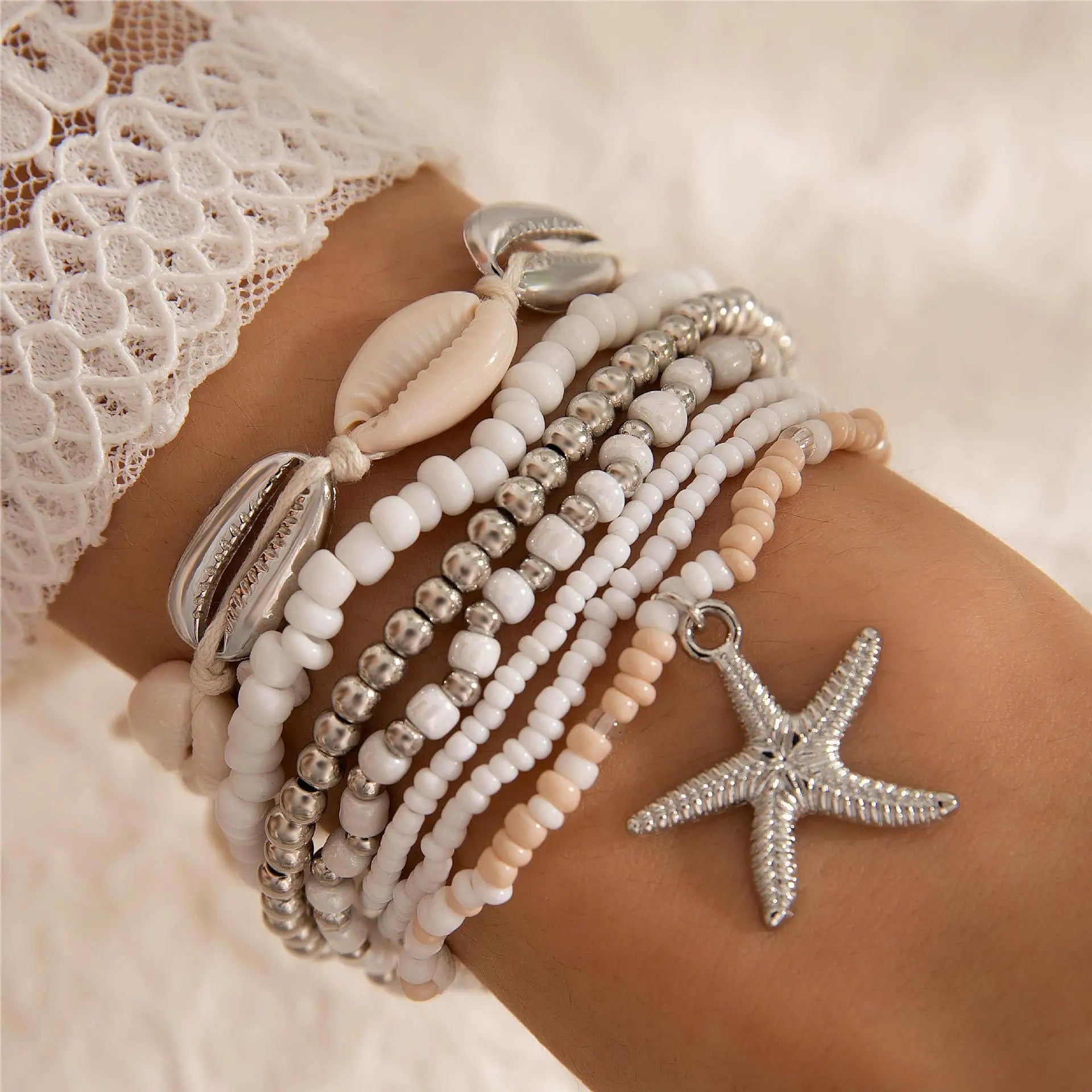 Bohemia Shell Starfish Bracelet Set Women Sand Beach Multilayer Bracelet Jewelry Party 7pcs/set-Dollar Bargains Online Shopping Australia