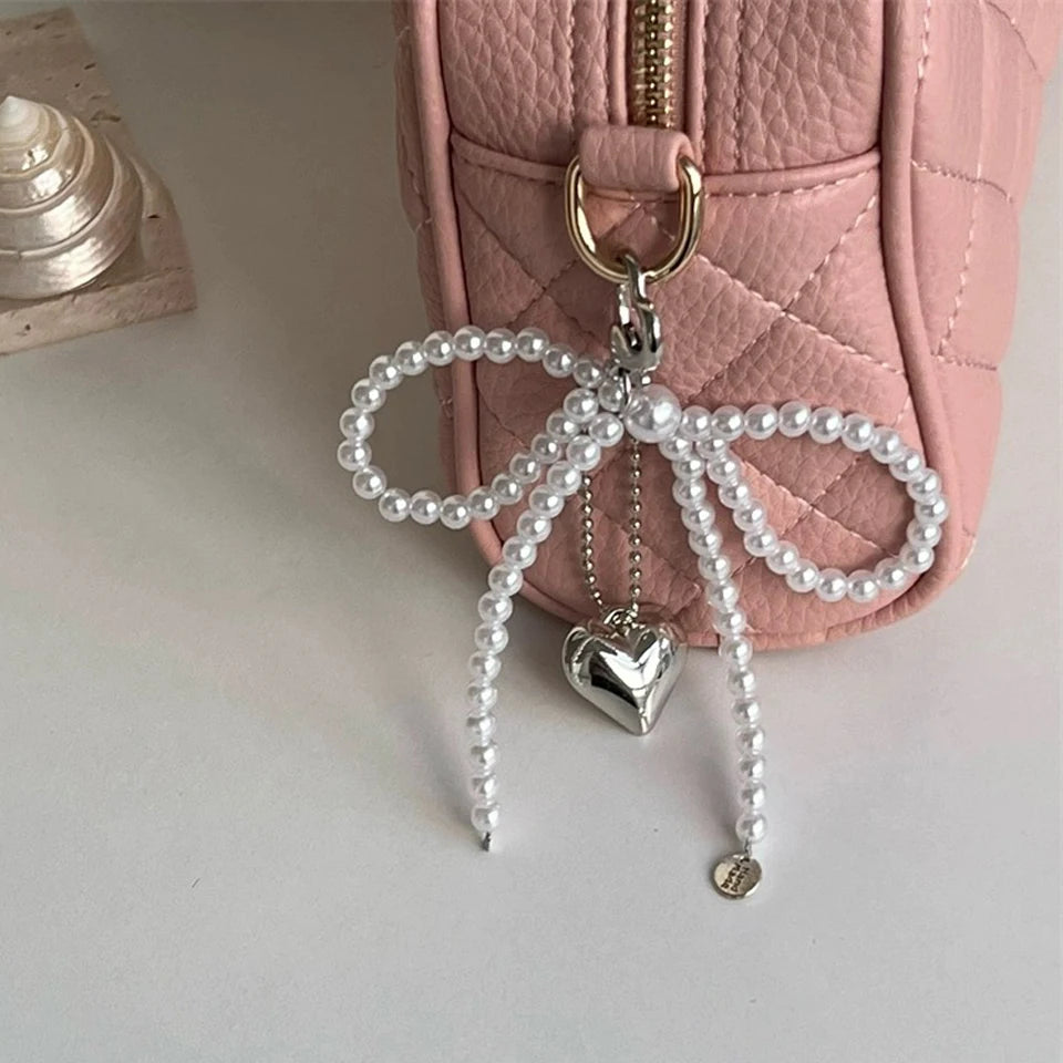 White Bowknot Heart Keychain Women Sweet Charm Pearl Bow Backpack Key Ring Handmade Jewelry Ornament Bags Pendants Gif-Dollar Bargains Online Shopping Australia