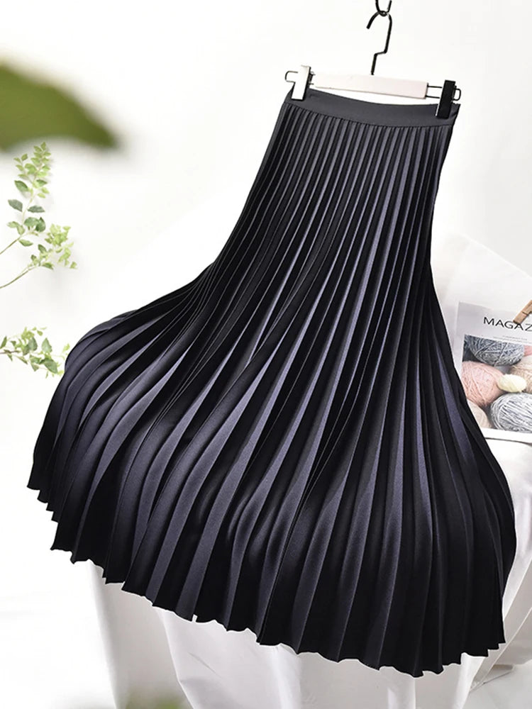 Women Spring Autumn Elegant Chic Solid Pleated Skirt High Waist Luxury Fashion With Elastic Female-Dollar Bargains Online Shopping Australia