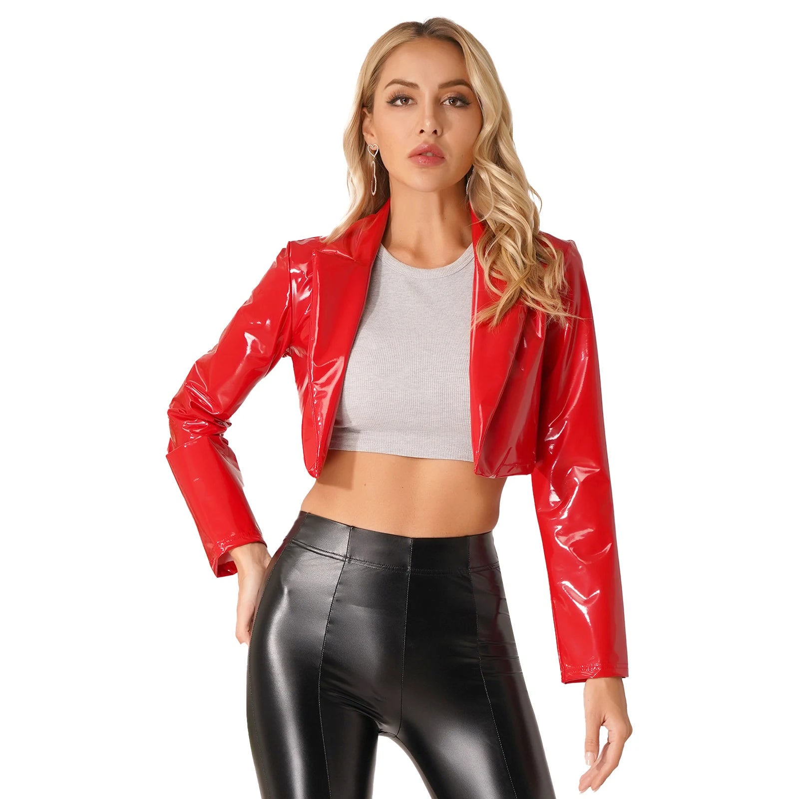 Women's Glossy Leather Jacket Wetlook Blazer with Lapels Short Jacket Latex Leather Long Sleeve Cropped Coat Rave Party Clubwear-Dollar Bargains Online Shopping Australia