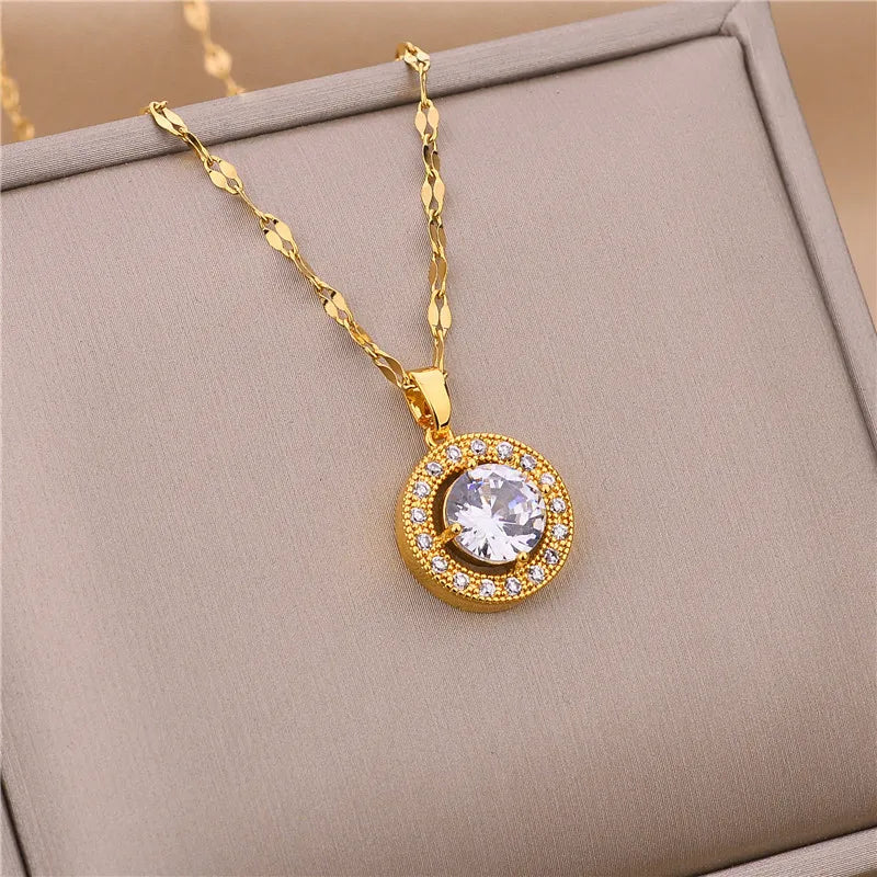 Zircon Crystal Pendant Clavicle Chain Necklace For Women Stainless Steel Jewelry Female Wedding Party Accessorie-Dollar Bargains Online Shopping Australia