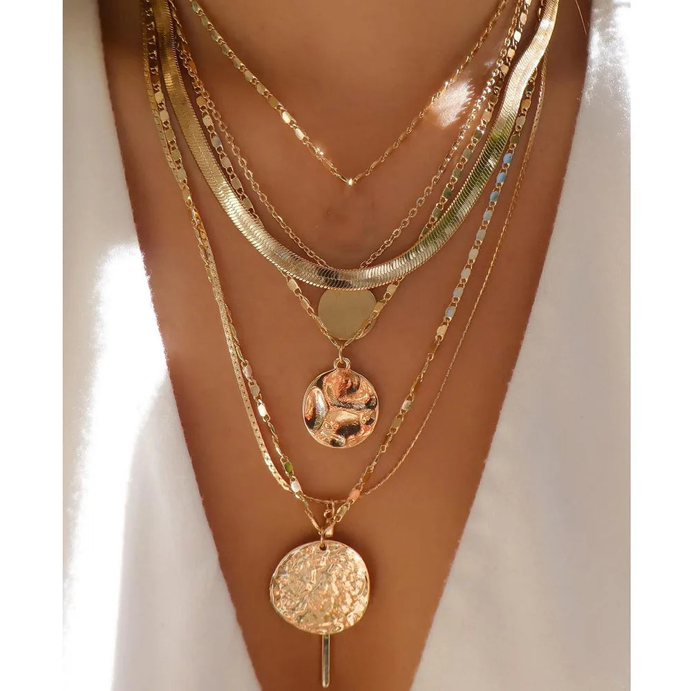 Vintage Gold Color Multiple Styles Necklace For Women Trendy Multi-Layer Disc Pendant Necklaces New Tendyaces Set Jewelry Gifts-Dollar Bargains Online Shopping Australia