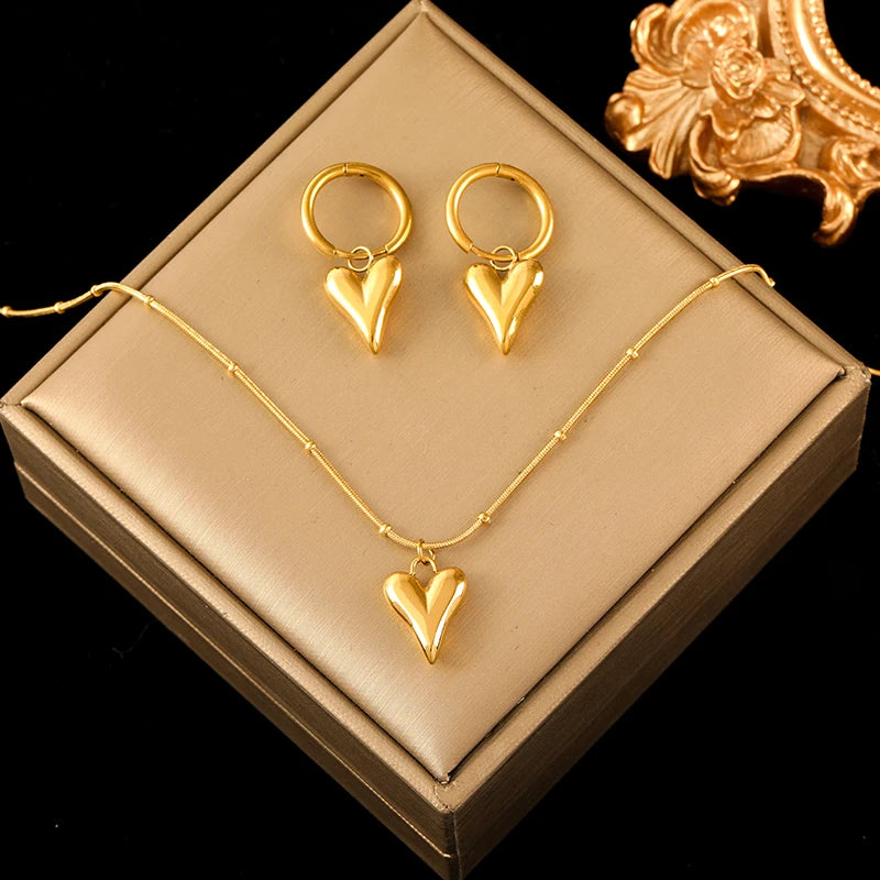 Gold Color Heart Love Necklace Earrings Trendy For Women New Party Gift Waterproof Jewelry Set-Dollar Bargains Online Shopping Australia