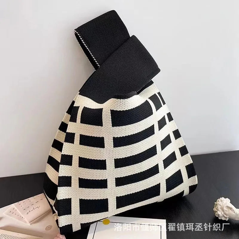 Womens Knot Wrist Bag Handmade Knitted Bag Portable Mini Striped Tote Bucket Phone Bags Large Capacity Autumn Winter Handbags-Dollar Bargains Online Shopping Australia