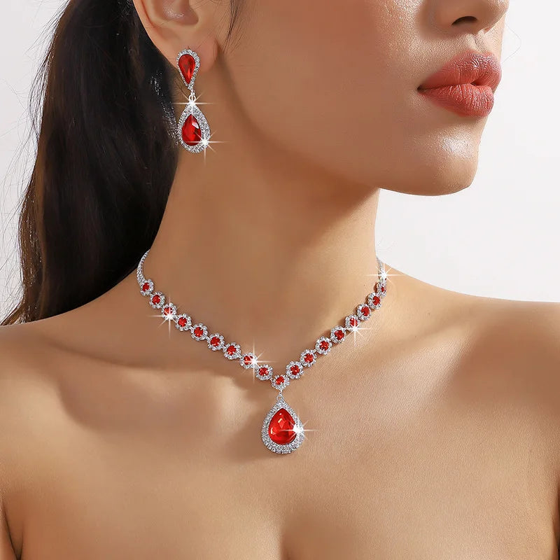 Luxury Red Green Blue Crystal Necklace Earrings For Women Water Drop Pendant Wedding Bride Jewelry Sets-Dollar Bargains Online Shopping Australia