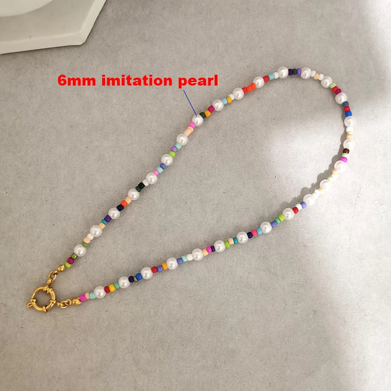 Imitation Pearl Necklace Women Choker Seed Beads Rainbow Stainless Steel Clasp Sailor Buckle Base Chain Gold Color Boho-Dollar Bargains Online Shopping Australia