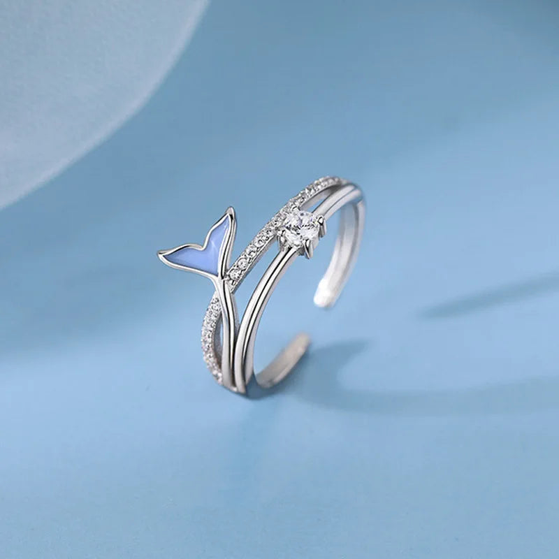 Whale Tale Mermaid Blue Green Leaf Silver Color Finger Rings Stackable Moon Stone Women Jewelry-Dollar Bargains Online Shopping Australia