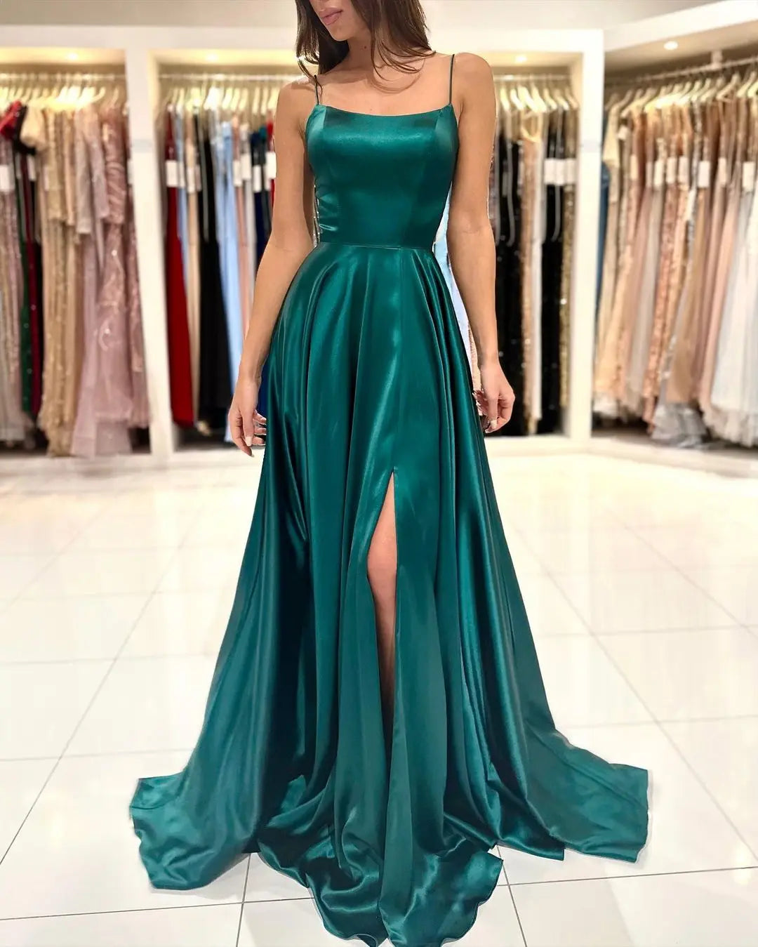 Satin Maxi Flared Dress Sexy Bridesmaid Dress Open Back A Line Wedding Evening Gown with Train-Dollar Bargains Online Shopping Australia