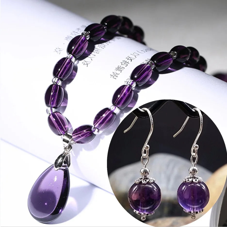 Natural Amethyst Earrings Necklace Set Purple Stone Jewelry Set for Women Vintage Wedding Party Jewelry Gift-Dollar Bargains Online Shopping Australia