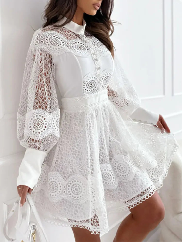 Spring Summer Women Solid O-Neck Mini Dress Loungewear Fashion Hollow Out Lantern Sleeve Ladies Party Dress Streetwear Vestidos-Dollar Bargains Online Shopping Australia