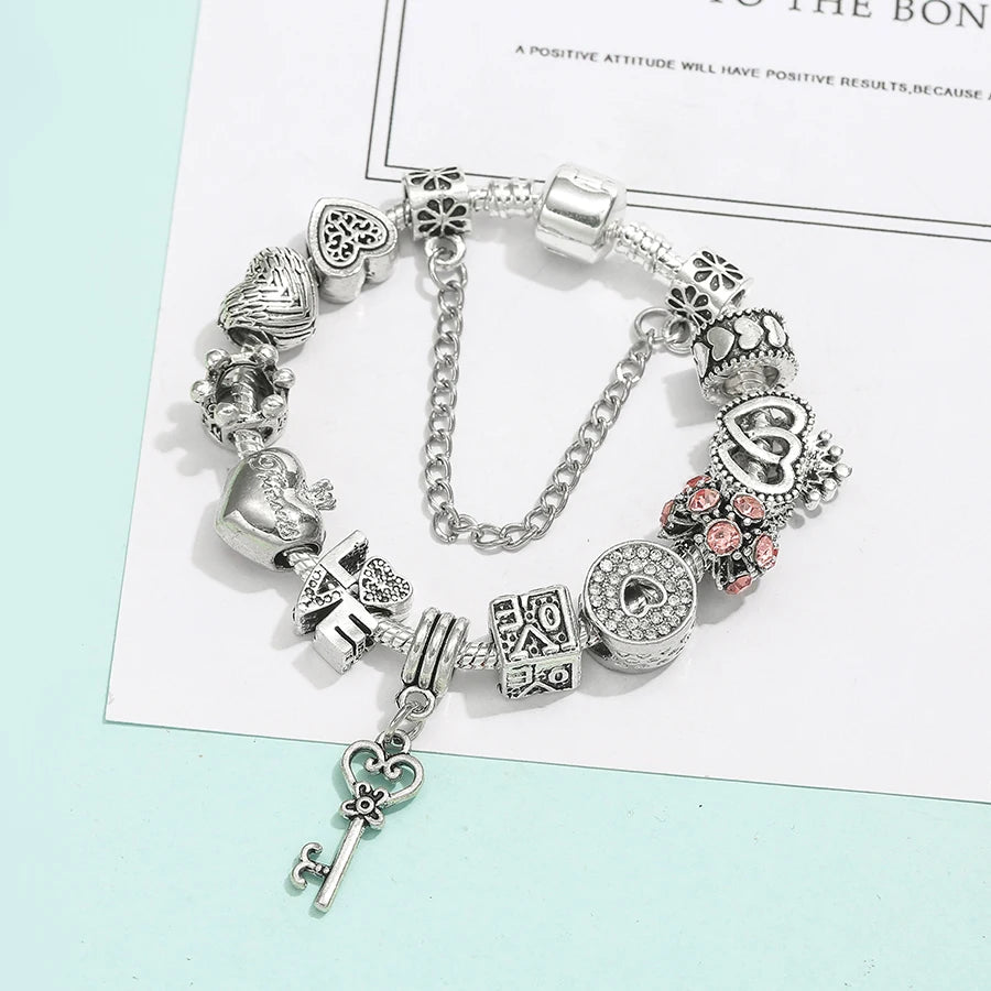 Buipoey Silver Plated Heart Key Pendant Charm Bracelets For Women Original Girls Princess Crown Beaded Bracelet Wife Jewelry-Dollar Bargains Online Shopping Australia