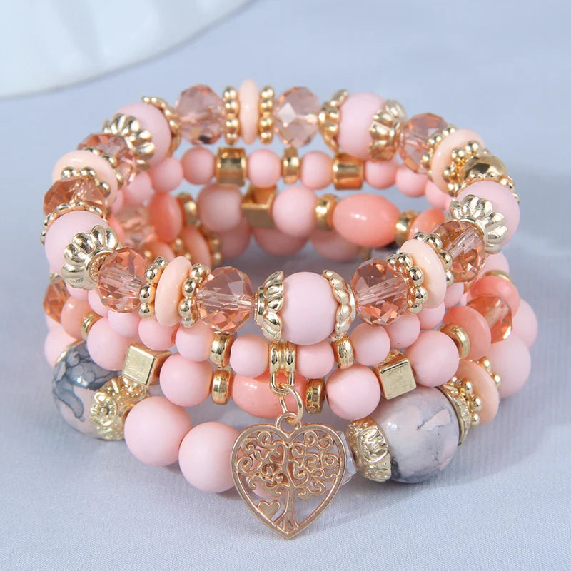 Bohemian Pink Crystal Beads Heart Charm Bracelets Women Girls Ethnic Tree Of Life Charm Wrap Bracelet-Dollar Bargains Online Shopping Australia