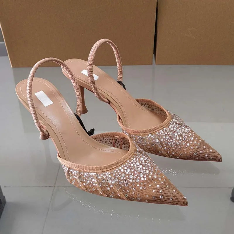 Women's Sandals Water Diamond Bright Mesh High Heels Footwear Elegant Slingback Pointed Slip on Party Lady Shoes-Dollar Bargains Online Shopping Australia