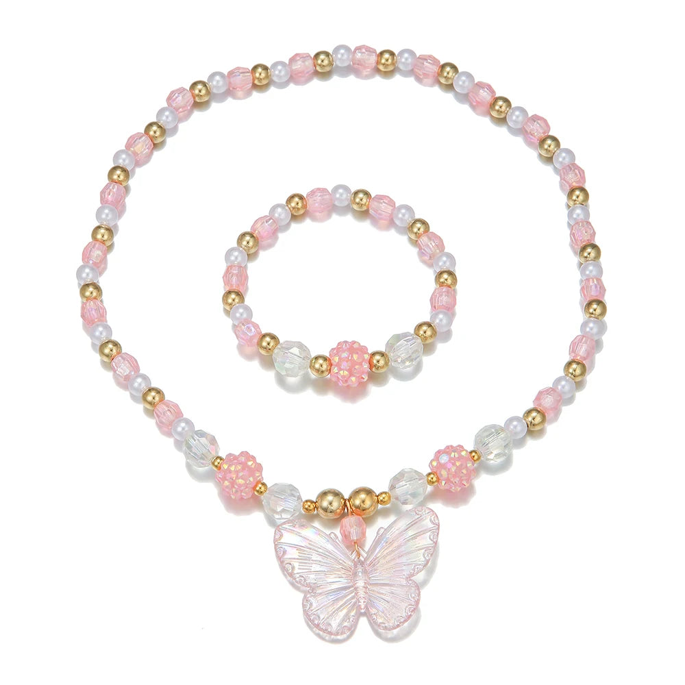 2Pcs/set Pink Butterfly Charm Necklace Bracelet Princess Girl Jewelry Set for Daughter Niece Children Best Party Birthday Gifts-Dollar Bargains Online Shopping Australia