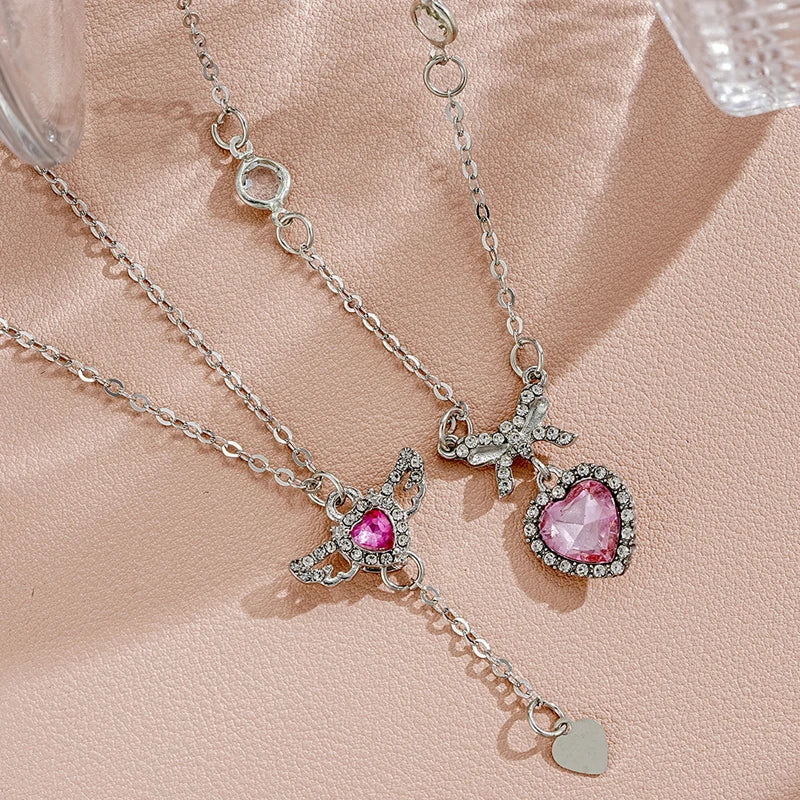 Crystal Angel Wings Heart Pendant Necklaces Set Ladies Girl Simple Y2K Pink White Zircon Love Elegant Necklace Women Jewelry Set-Dollar Bargains Online Shopping Australia