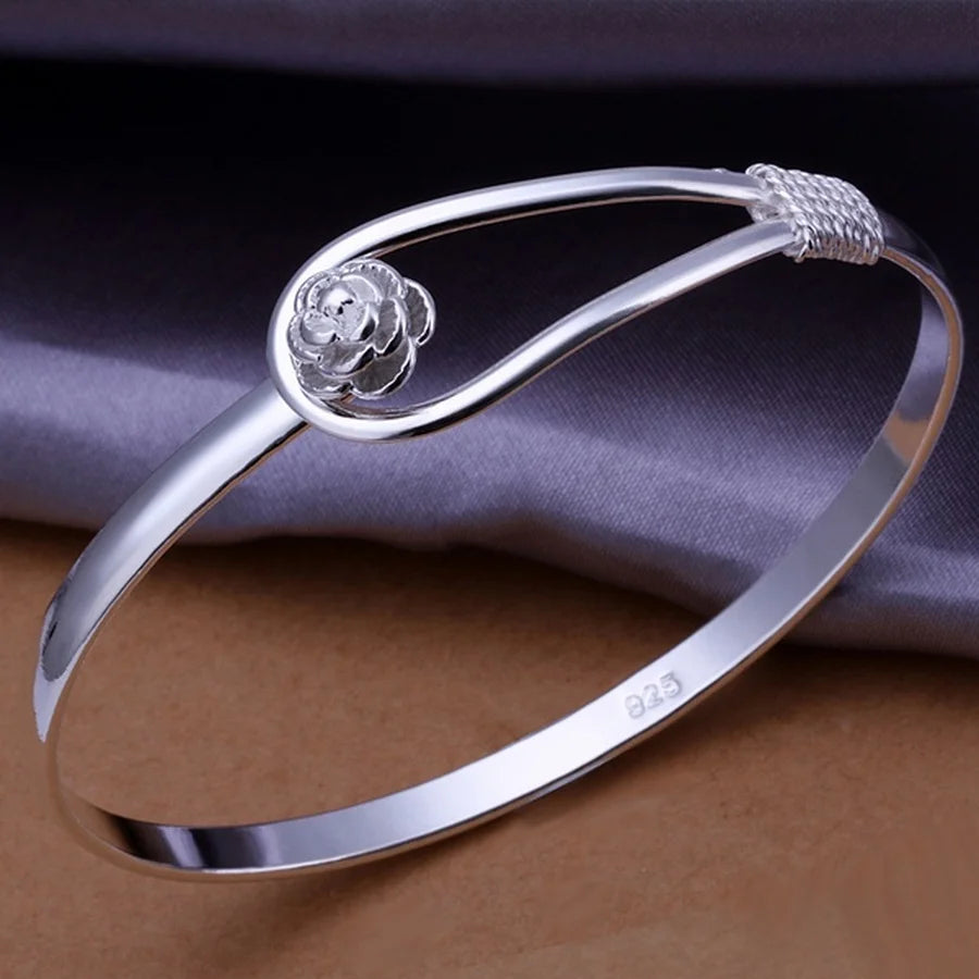 Silver Bangle Bracelet Jewelry Women Cute Girl Fashion Noble Qualities Female Charm Flower Buckle-Dollar Bargains Online Shopping Australia