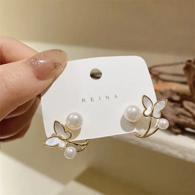 Korean Vintage Pearl Crystal Earrings For Women Jewelry High-class Luxury Zircon Flower Butterfly Leaf Women's Stud Earrings-Dollar Bargains Online Shopping Australia