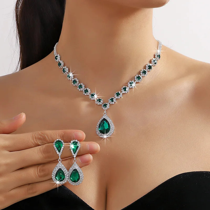 Luxury Red Green Blue Crystal Necklace Earrings For Women Water Drop Pendant Wedding Bride Jewelry Sets-Dollar Bargains Online Shopping Australia