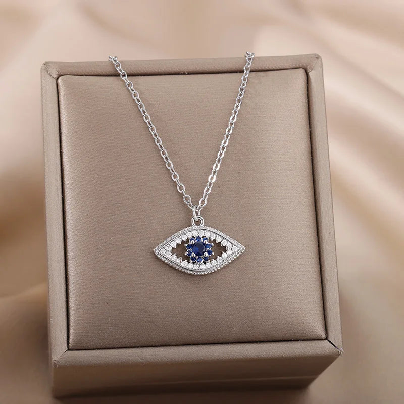 Zircon Evil Eye Pendant Necklace For Women Stainless Steel Turkish Eye Fatima Hand Chain Choker Collar Goth Jewelry-Dollar Bargains Online Shopping Australia