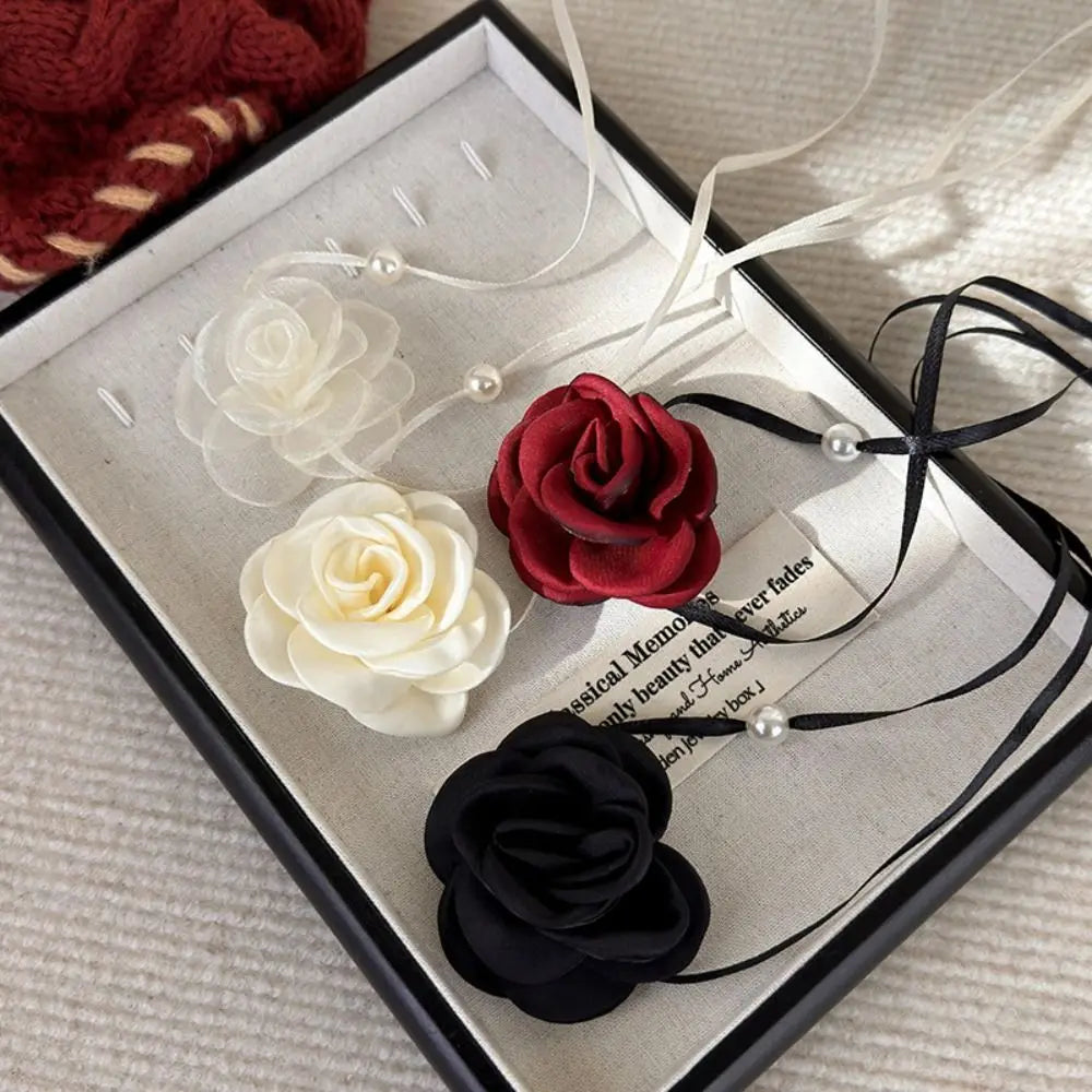 3D Rose Flower Women Choker Necklace Retro Black White Elegant Lace Up Rose Necklace Strappy Collar Necklace Party Supplies-Dollar Bargains Online Shopping Australia