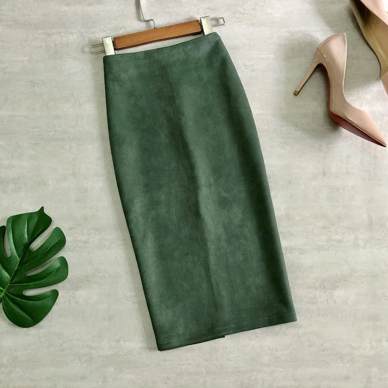 Multi Pencil Skirt Womens Solid Color High Waist Suede Sheath Back Split Midi Bodycon Skirts-Dollar Bargains Online Shopping Australia