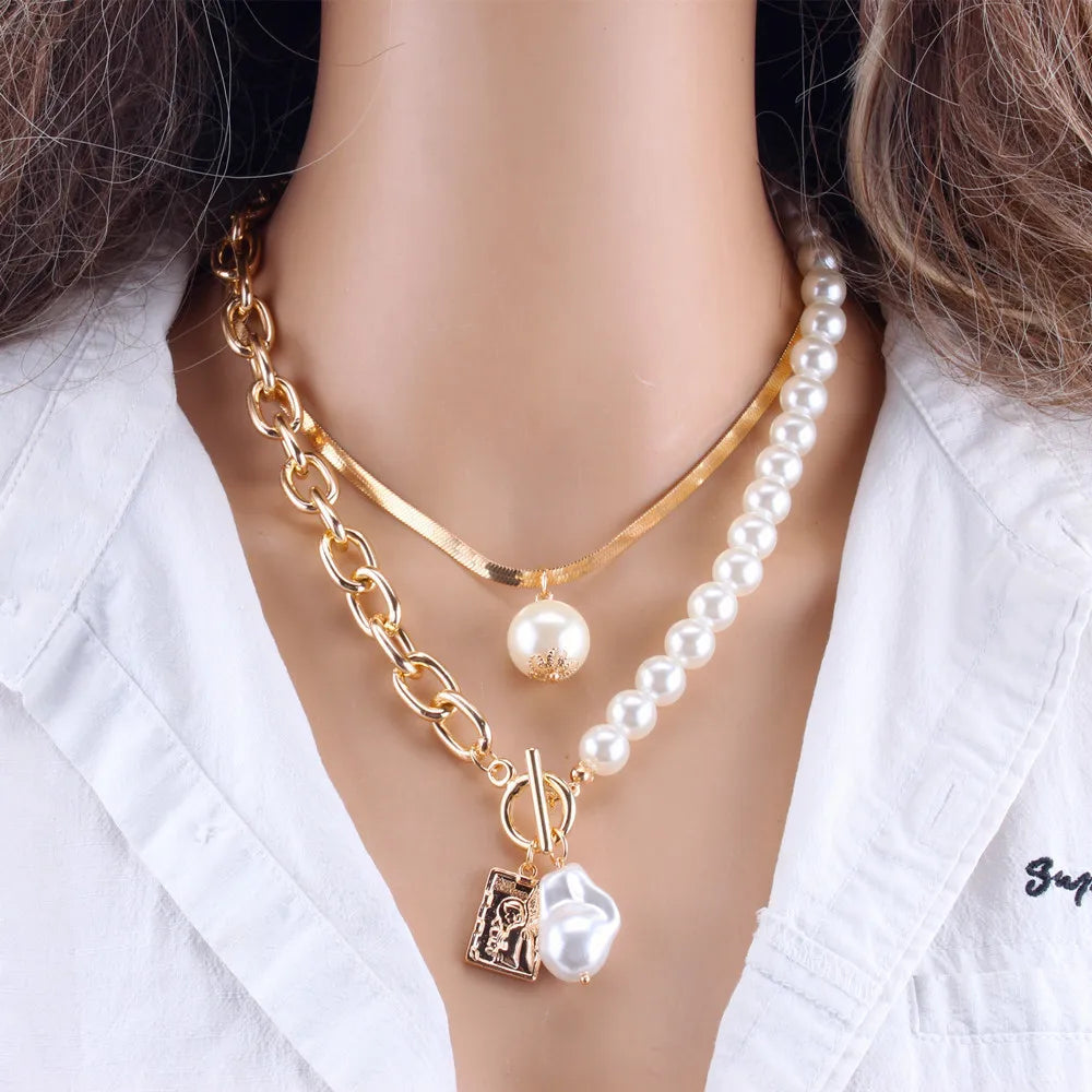 Copper Snake Chain Baroque Pearl Portrait Square Necklace For Women Trendy Multi-Layer Crystal Pendant Necklace Set Jewelry Gift-Dollar Bargains Online Shopping Australia