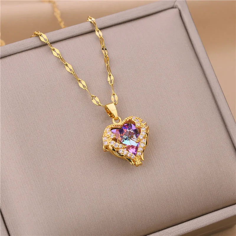 Zircon Crystal Pendant Clavicle Chain Necklace For Women Stainless Steel Jewelry Female Wedding Party Accessorie-Dollar Bargains Online Shopping Australia