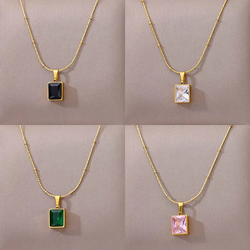 Green Square Zircon Necklace For Women Gold Color Stainless Steel Necklaces Wedding Fashion Jewelry Gift-Dollar Bargains Online Shopping Australia