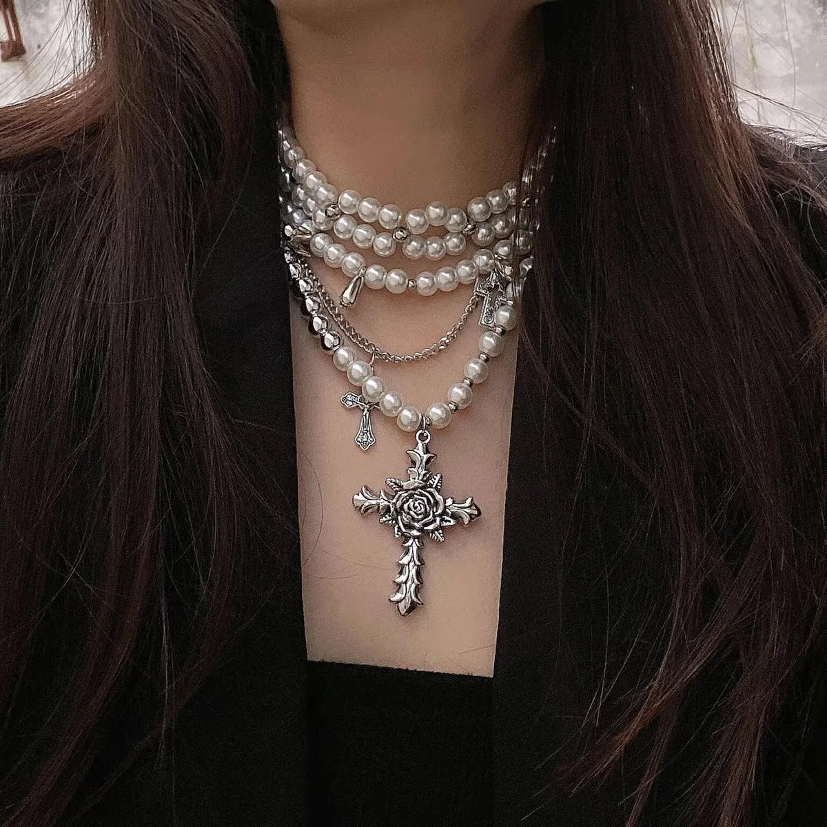 Goth Rose Flower Imitation Pearl Bead Cross Pendant Necklace for Women Multilayer Pearl Chains Aesthetic Vintage Luxury Jewelry-Dollar Bargains Online Shopping Australia