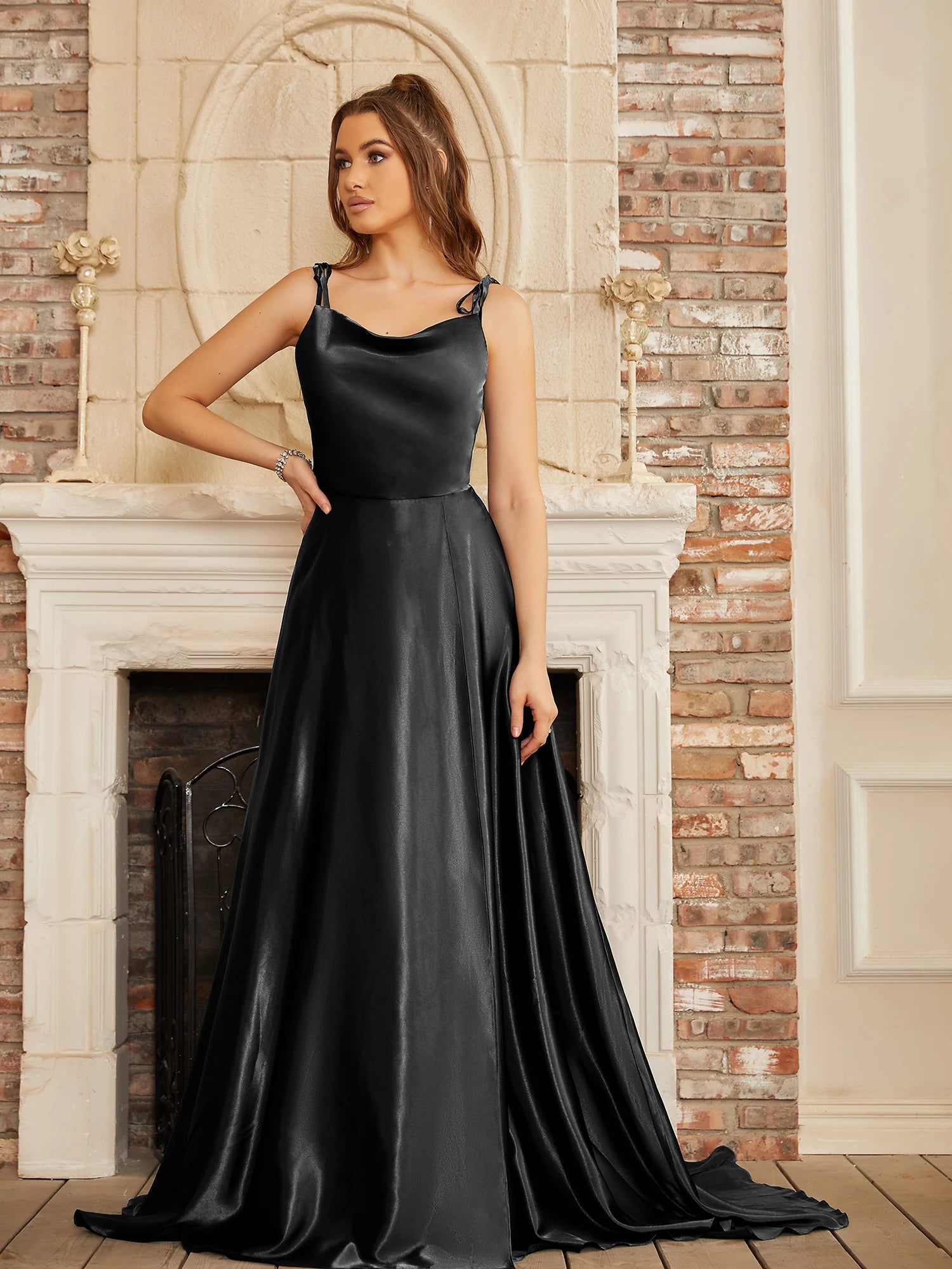 Soft Sliky Satin Bridesmaid Gown Cowl Neckline Thin Straps Leg Slit and Flowing A-line Skirt Women-Dollar Bargains Online Shopping Australia